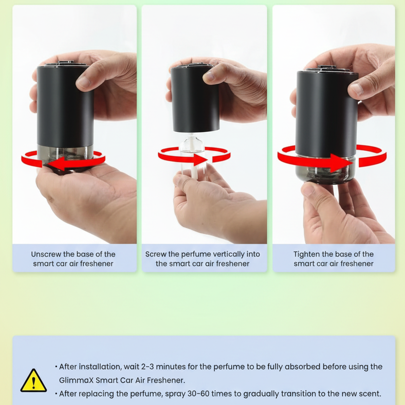 Three-panel installation guide showing how to insert and secure a smart car air freshener into the base of a black device, with red arrows indicating rotation and orientation. Includes text instructions and a warning note below on how to use the freshener.
