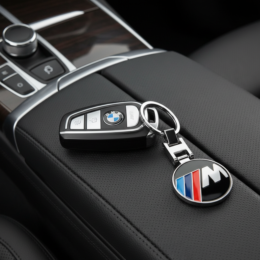 BMW key fob with M logo keychain on a car dashboard