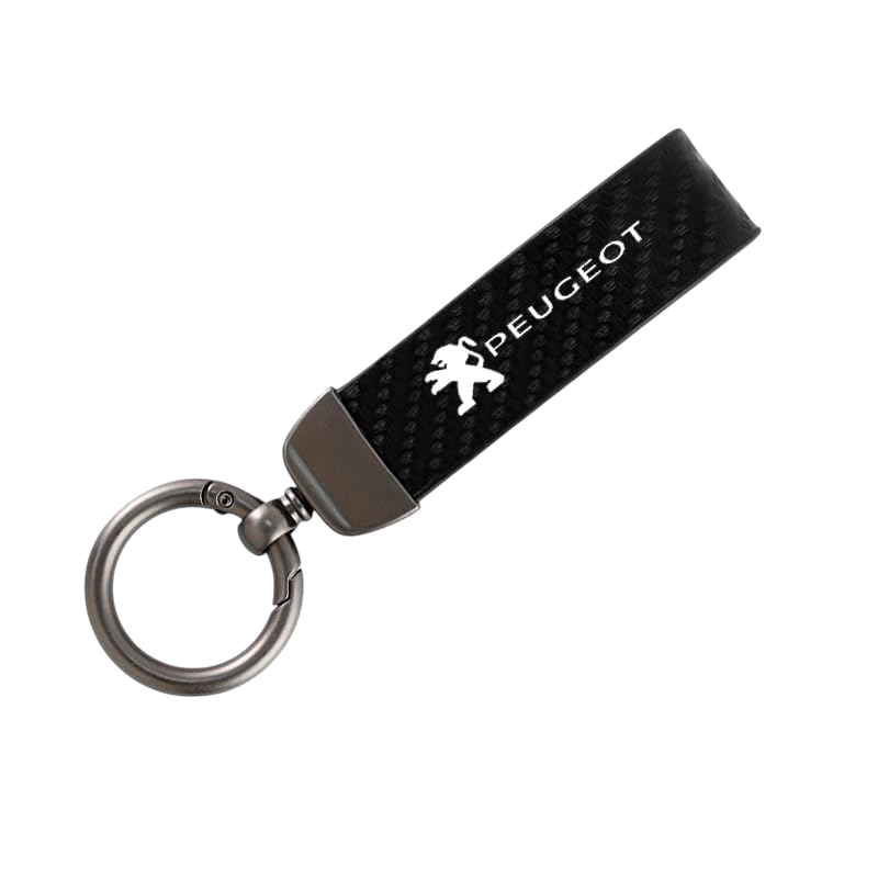 Peugeot keychain with carbon fiber texture on a white background
