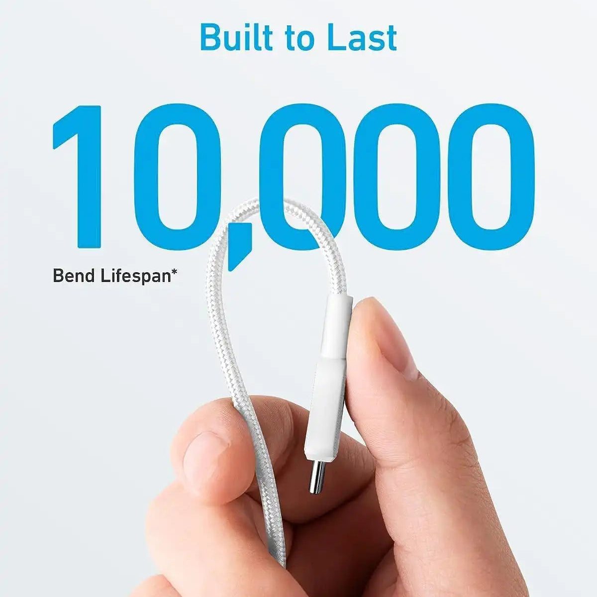 Hand holding a white cable with text '10,000 Bend Lifespan' on a light gray background