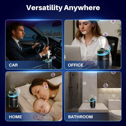 Product usage scenarios in car, office, home, and bathroom with text 'Versatility Anywhere'.