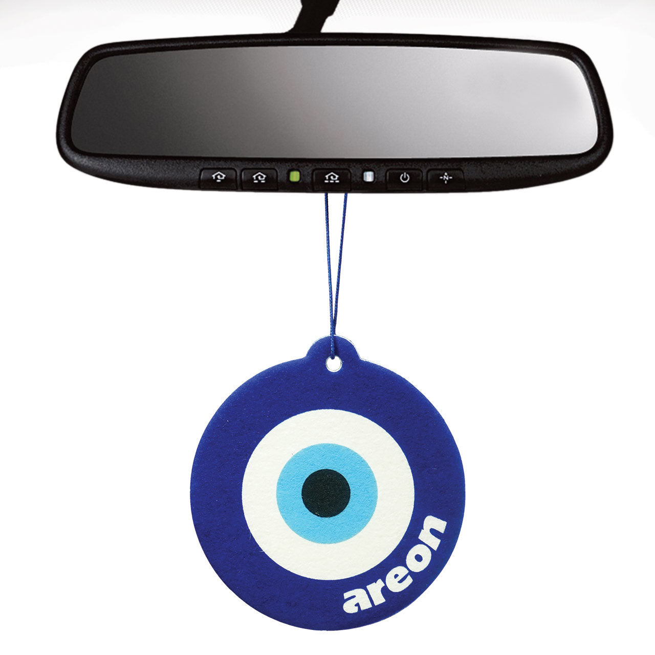 Car air freshener with evil eye design hanging from a car's rearview mirror.