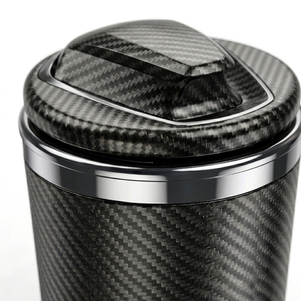 A close-up of car cigarette ashtray with a carbon fiber pattern wrap, featuring a matching lid with a glossy carbon fiber texture and polished silver metal trim.