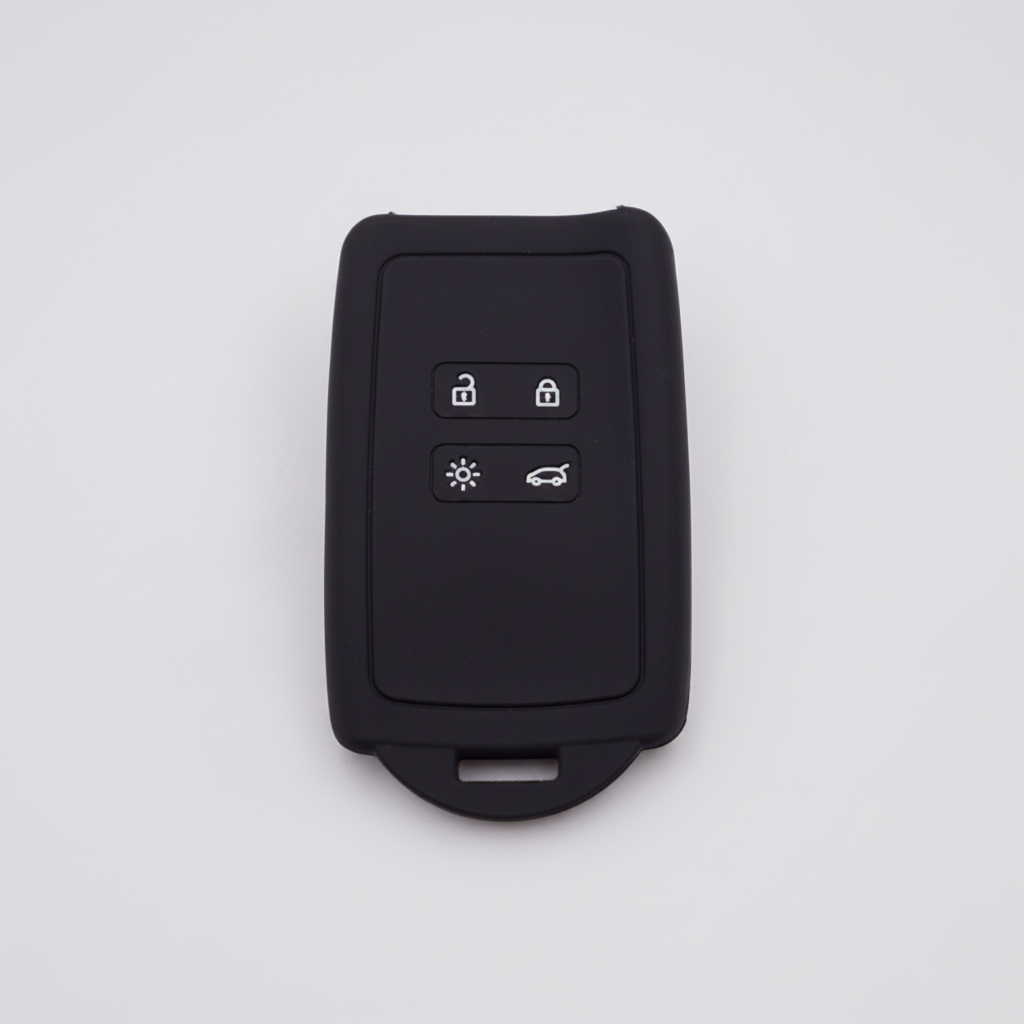 Black car key fob cover with buttons on a white background
