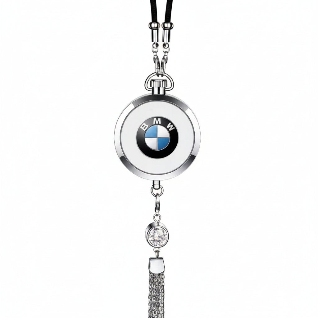 Silver necklace with BMW logo pendant on a white background