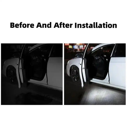 Before and after installation comparison of a car's interior lighting.