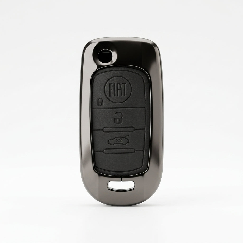 A matte black protective case designed for a Fiat key fob, shown on a clean white background. The case features a glossy black camera lens cutout at the top and a matching keyhole-shaped slot at the bottom.