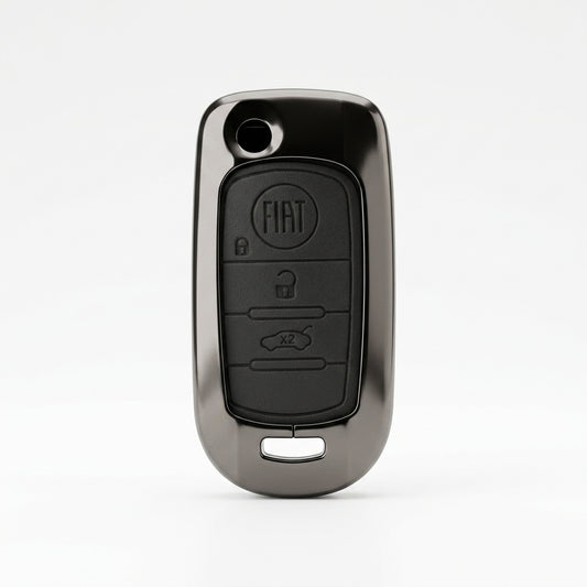 A matte black protective case designed for a Fiat key fob, shown on a clean white background. The case features a glossy black camera lens cutout at the top and a matching keyhole-shaped slot at the bottom.