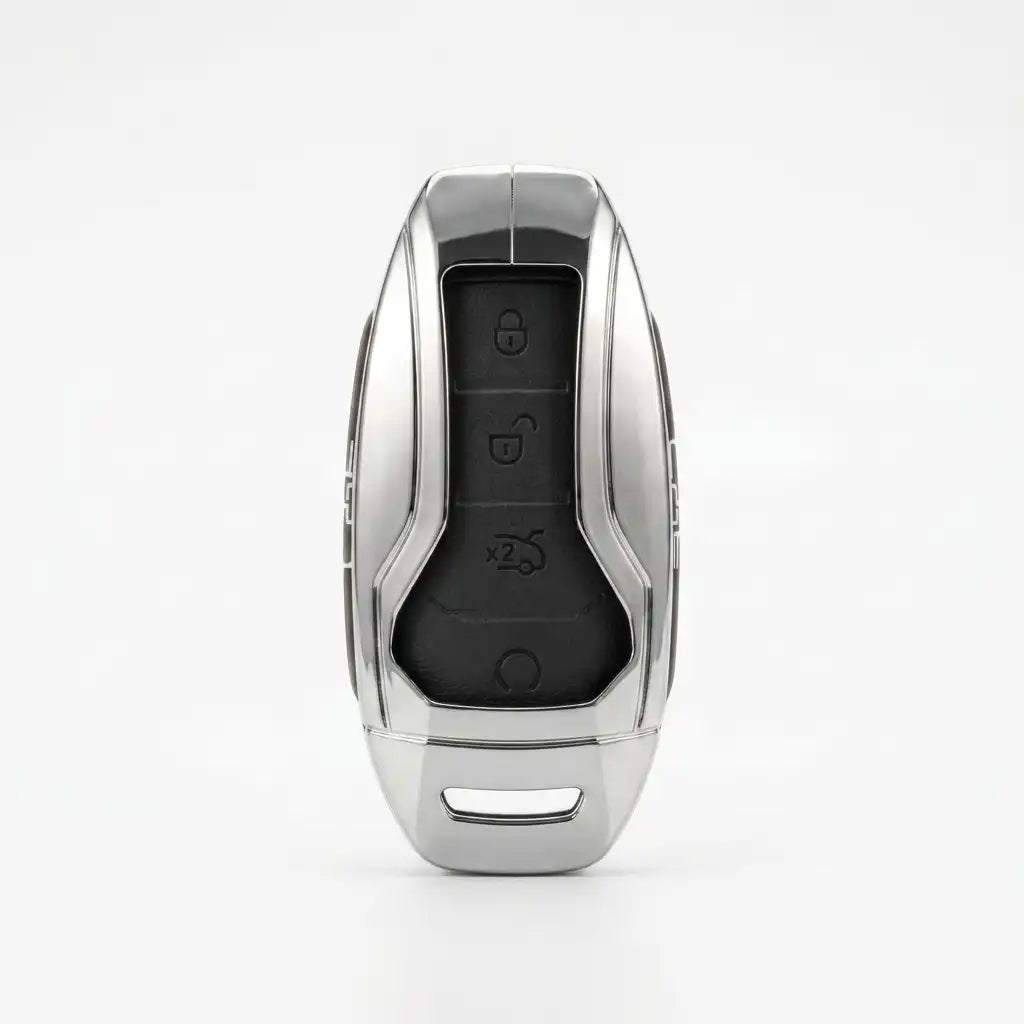A silver metallic BYD METAL KEY COVER with a black central panel featuring lock, unlock, trunk, and panic buttons, shown on a clean white background.