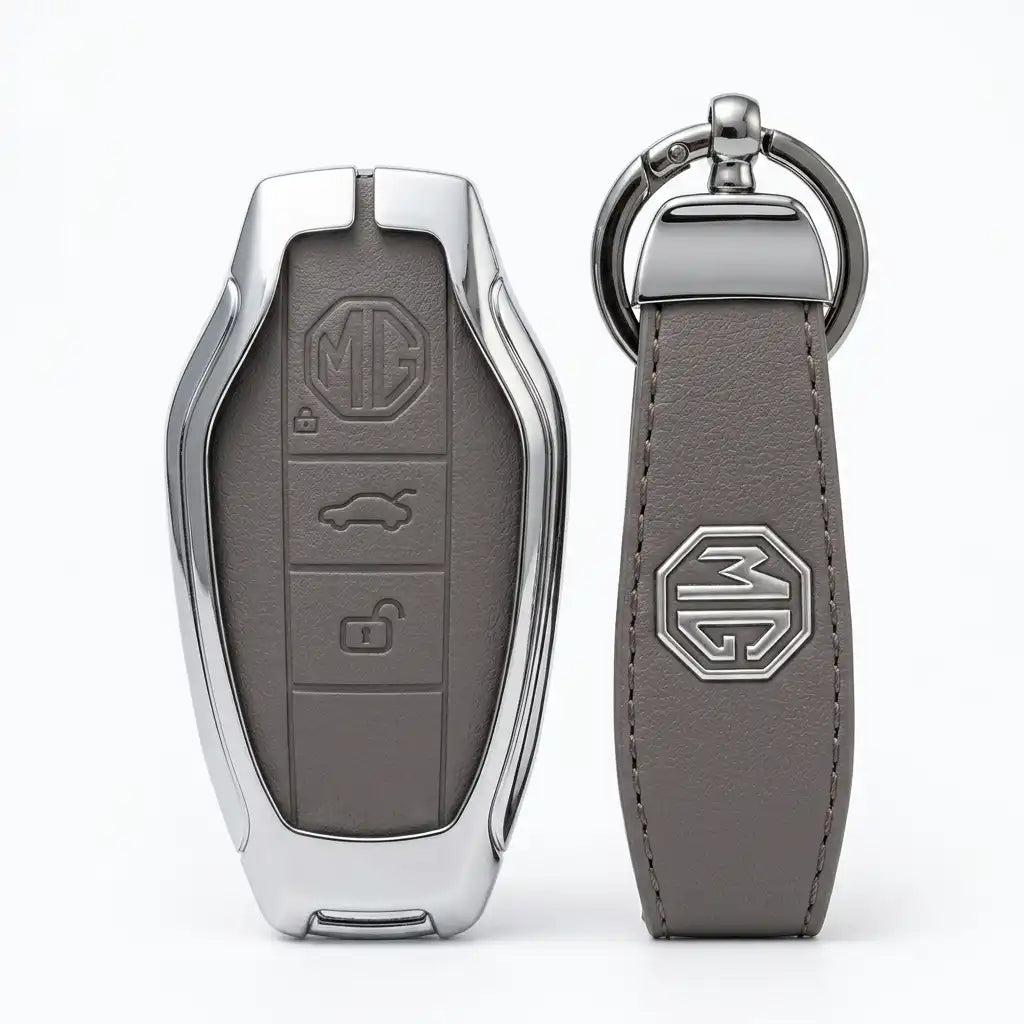 MG car key fob with gray leather strap on a white background