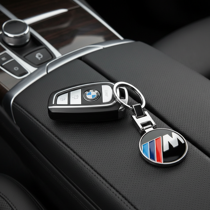BMW key fob with M logo keychain on a car dashboard