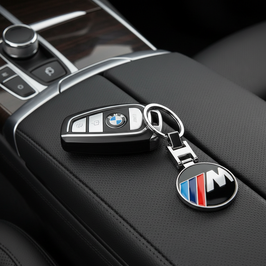 BMW key fob with M logo keychain on a car dashboard