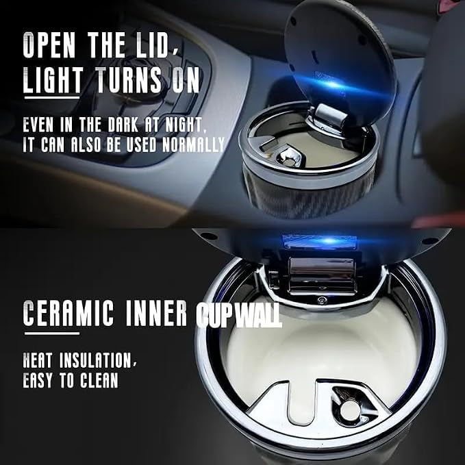 A car cup holder insert with a transparent outer rim, black carbon-fiber-textured exterior, and a blue LED light visible when the lid is open. The image includes text callouts describing features such as the light turning on and the ceramic inner cupwall.