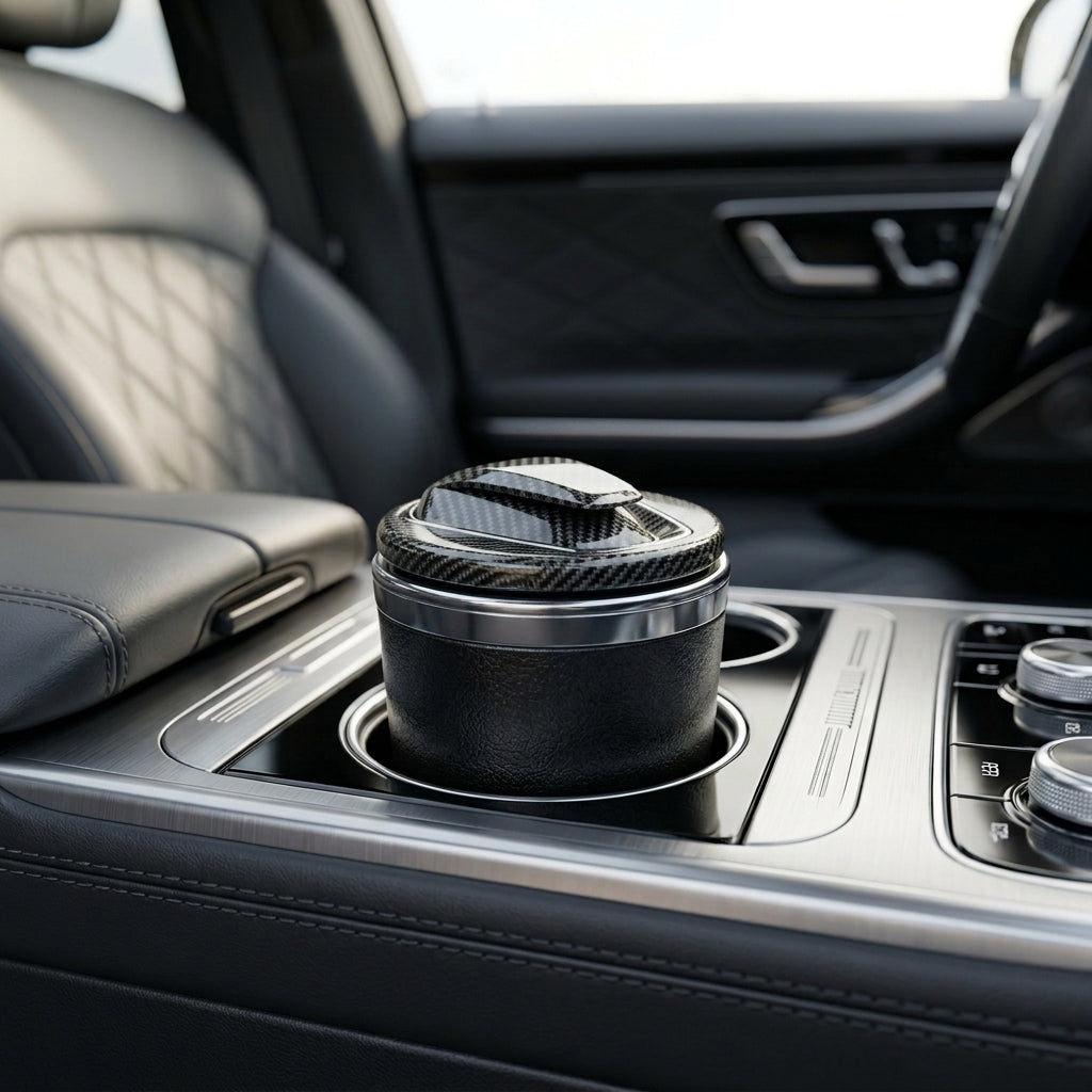 A black cylindrical cup holder Cigarette Ashtray with a carbon-fiber-patterned top and a ribbed black handle, shown installed in a car center console next to a leather seat and gear shift area.
