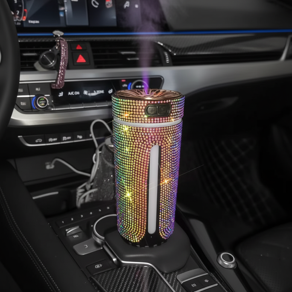 Decorative diffuser with colorful rhinestones on a car dashboard