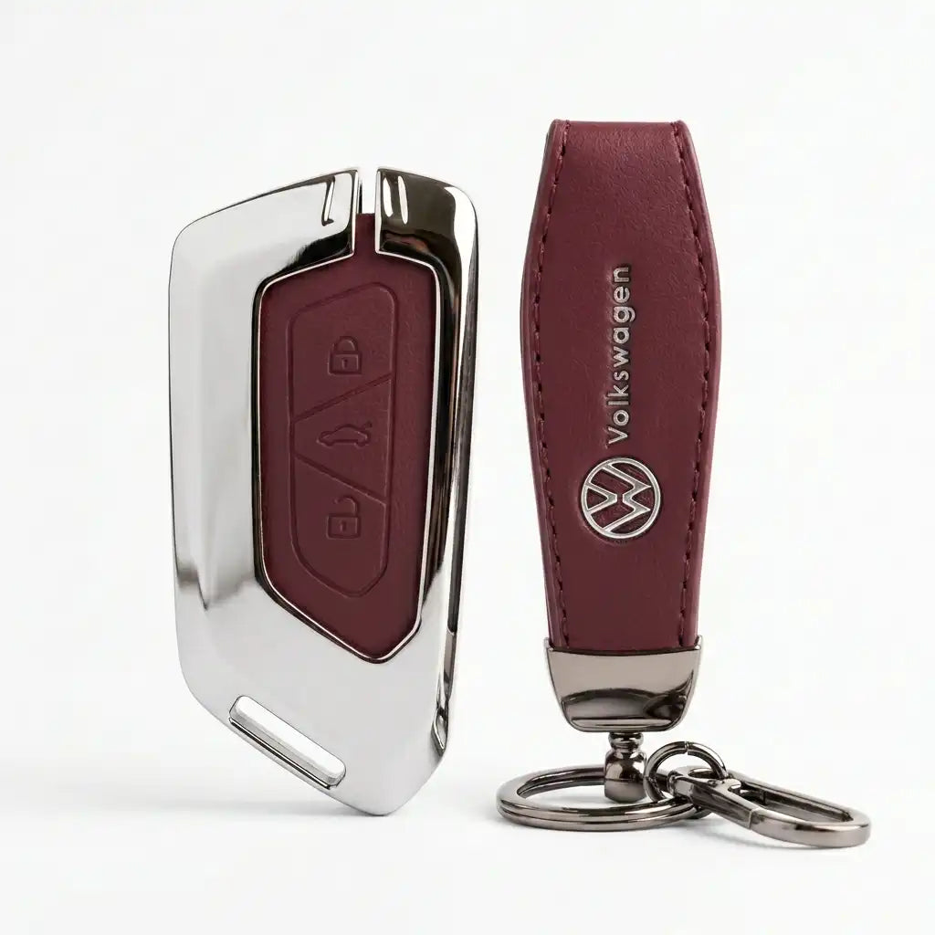 Car key fob with leather cover and Volkswagen logo on a white background