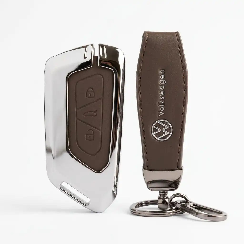 Volkswagen key fob and leather keychain on a white background
