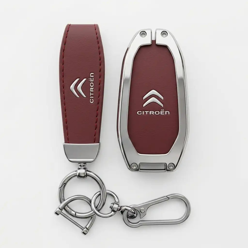 Red Citroén key fob with silver accents on a white background